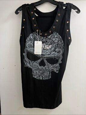 Black Skull Graphic Tank Top with Grommet Detail